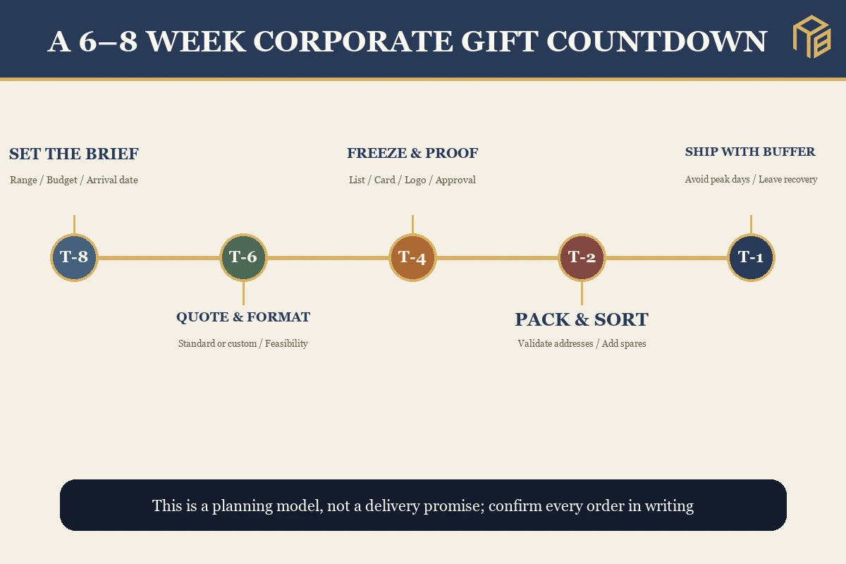 Six-to-eight-week corporate gift-box planning milestones