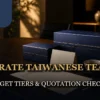 Corporate Taiwanese tea gifts arranged beside a three-tier budget plan