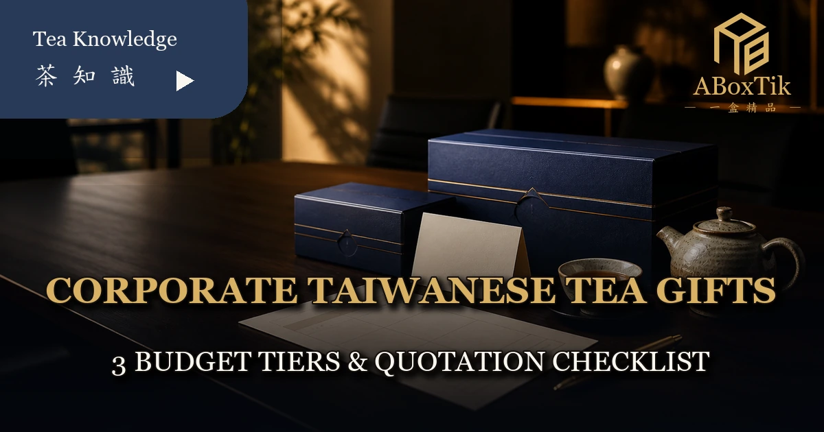 Corporate Taiwanese tea gifts arranged beside a three-tier budget plan