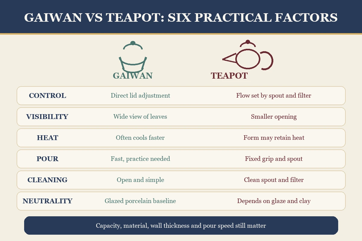 Gaiwan vs teapot comparison of control, visibility, heat, pouring, cleaning and neutrality