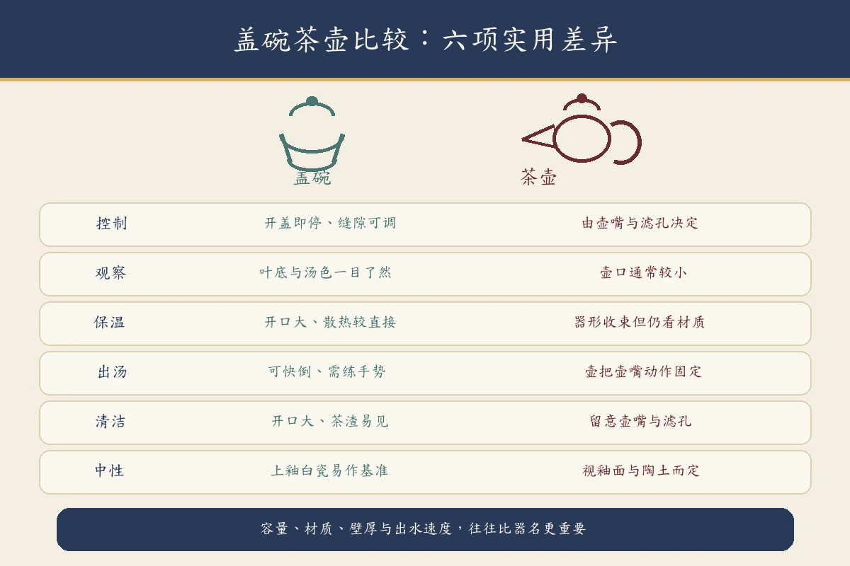 盖碗茶壶比较控制、观察、保温、出汤、清洁与中性