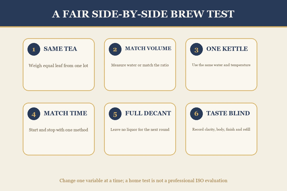 Six-step controlled gaiwan vs teapot side-by-side brewing test