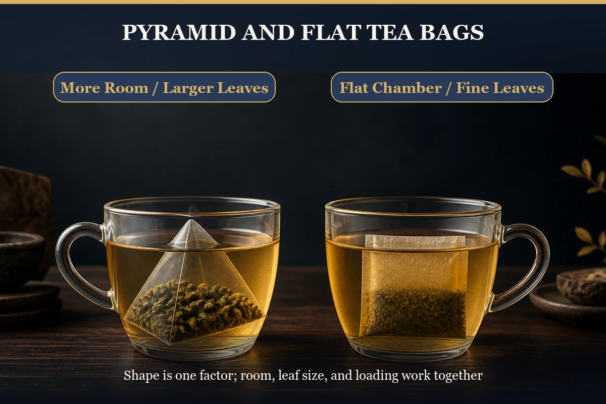 Usable space comparison between pyramid tea bags and regular flat tea bags