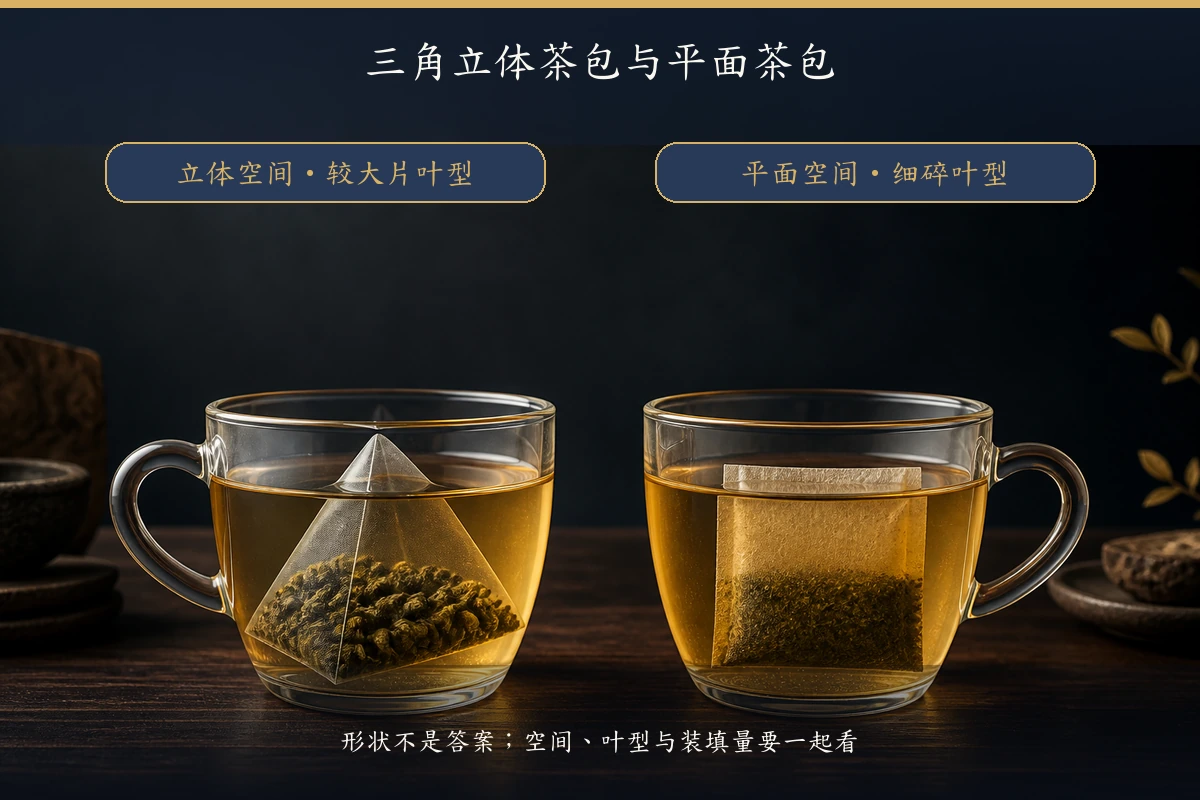 三角立体茶包与传统平面茶包的有效空间比较
