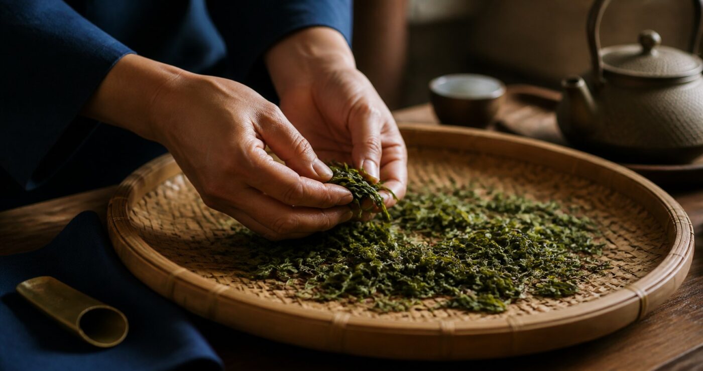 台灣製茶職人以雙手檢視烏龍茶葉