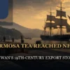 Illustrated tea chests and a sailing ship at Tamsui for Taiwan's 19th-century tea export story