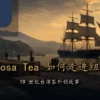 19 世纪淡水港茶箱与帆船呈现台湾乌龙茶外销故事的品牌插画