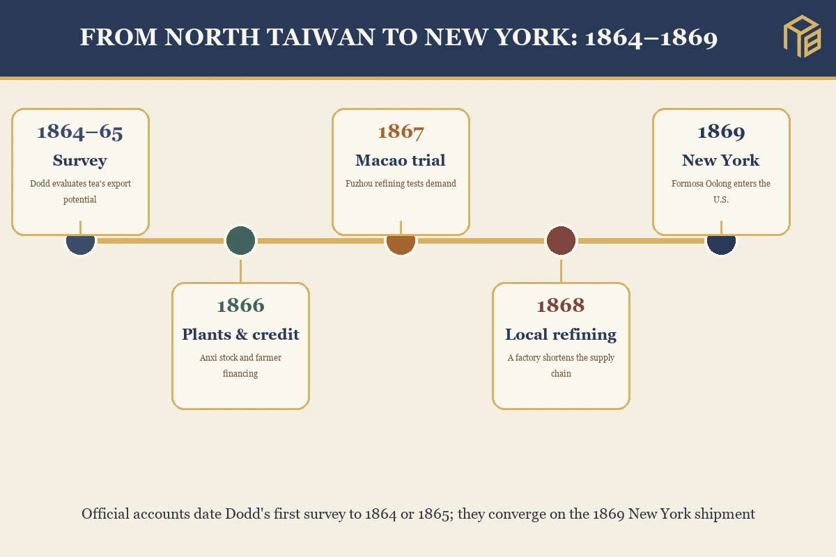 Timeline from Dodd's north Taiwan survey and Anxi plants to refining and the 1869 New York shipment