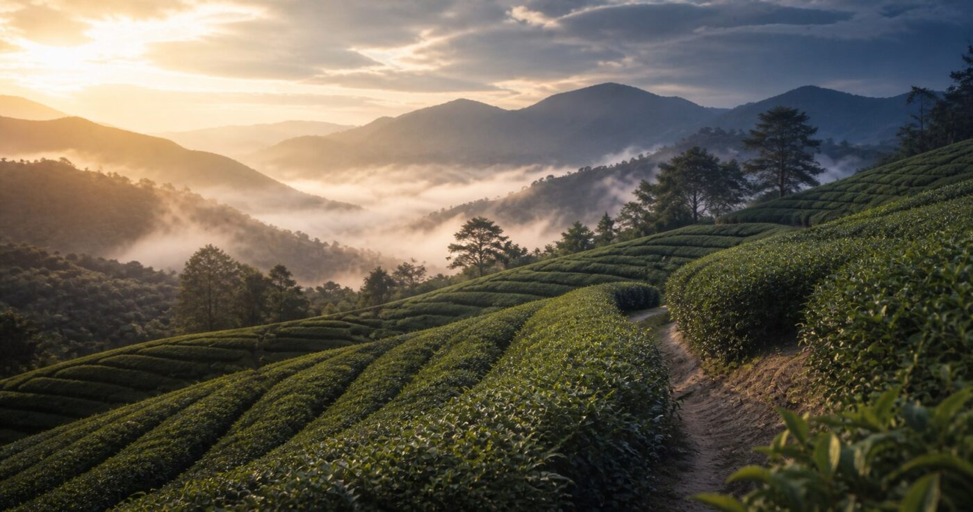 晨霧中的台灣高山茶園，呈現高山風土與台灣茶特色