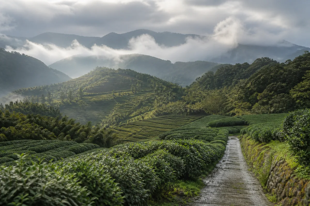 Layered Taiwan tea regions from rolling hills to mist-covered mountain gardens