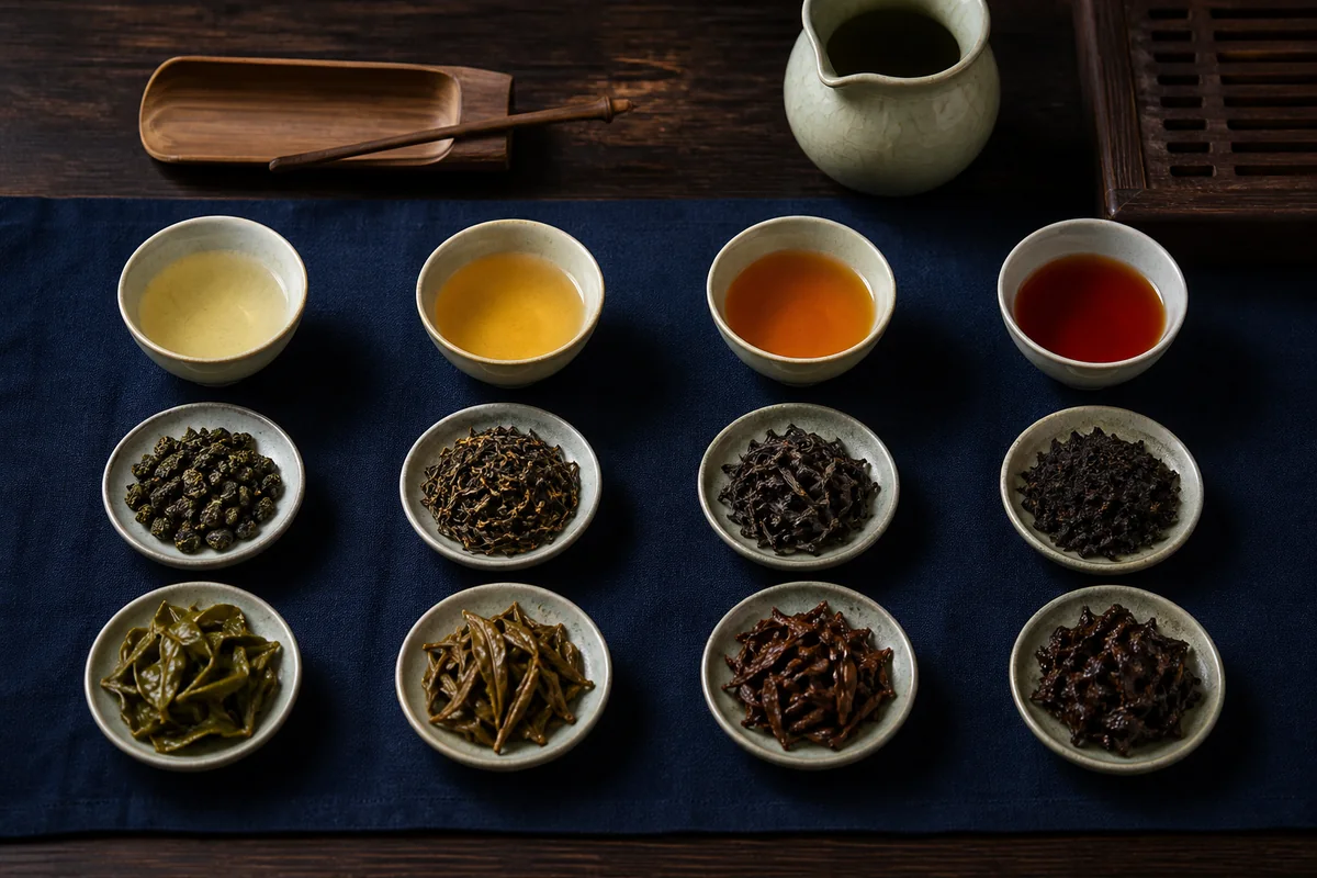 Four Taiwan tea samples compared by dry leaves, tea liquor, and infused leaves