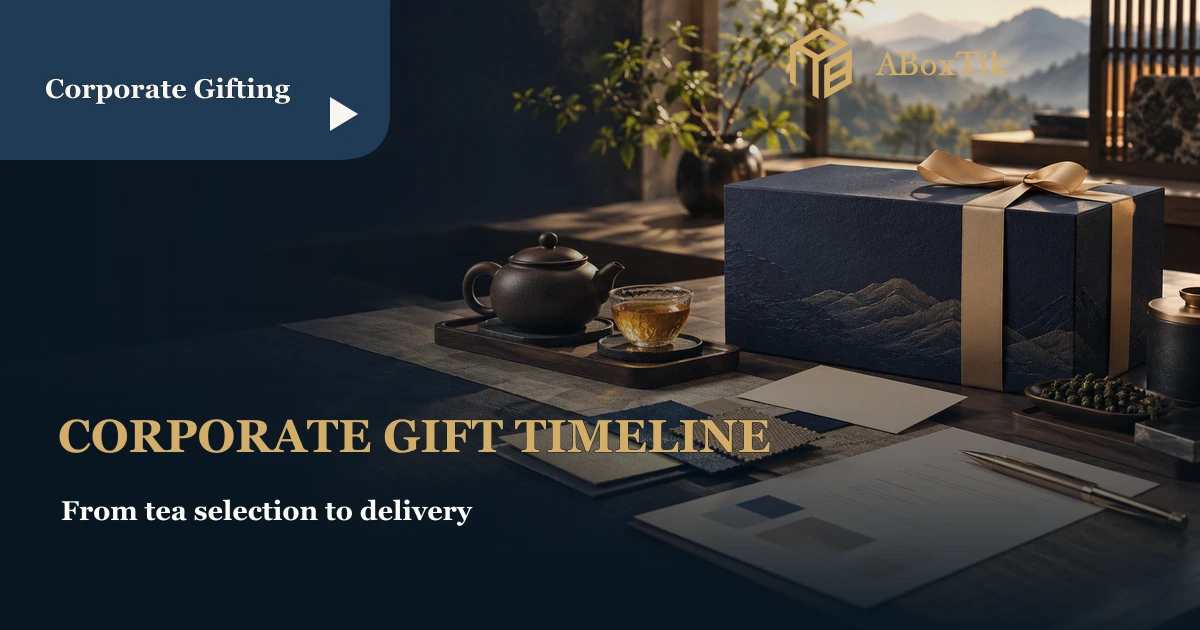 A navy corporate tea gift box, tea cup, blank proof card and planning sheet