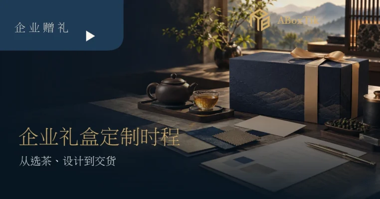 企业茶礼盒规划桌上的深蓝礼盒、茶杯、空白校样卡与排程纸
