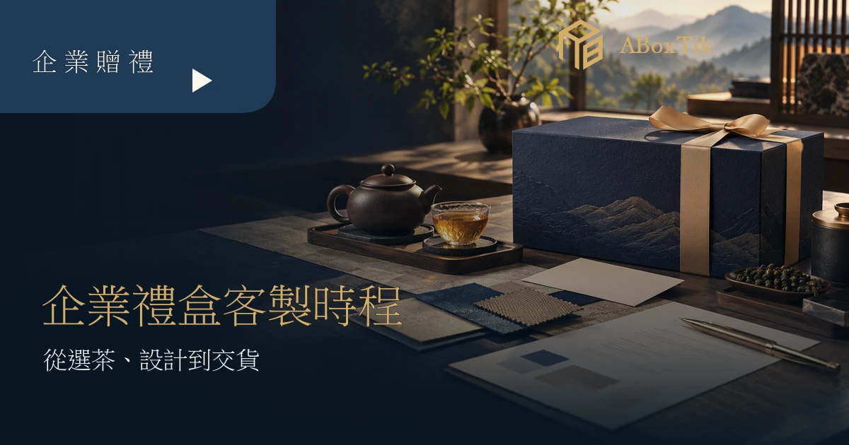 企業茶禮盒規劃桌上的深藍禮盒、茶杯、空白校稿卡與排程紙