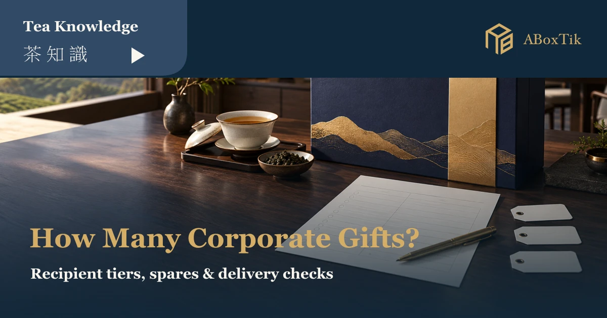Taiwanese tea gift boxes, a recipient planning sheet and tea on a corporate gifting table