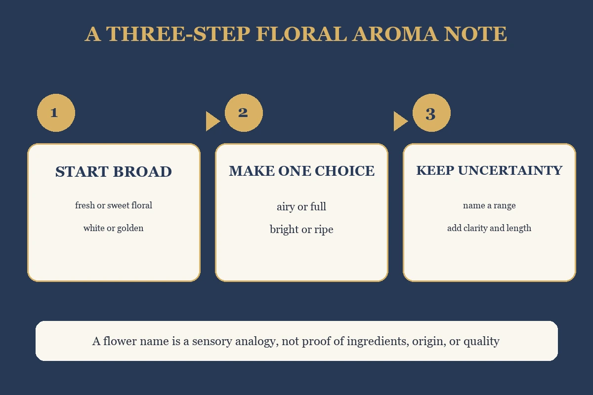 three-step path from floral family to a careful tea tasting note