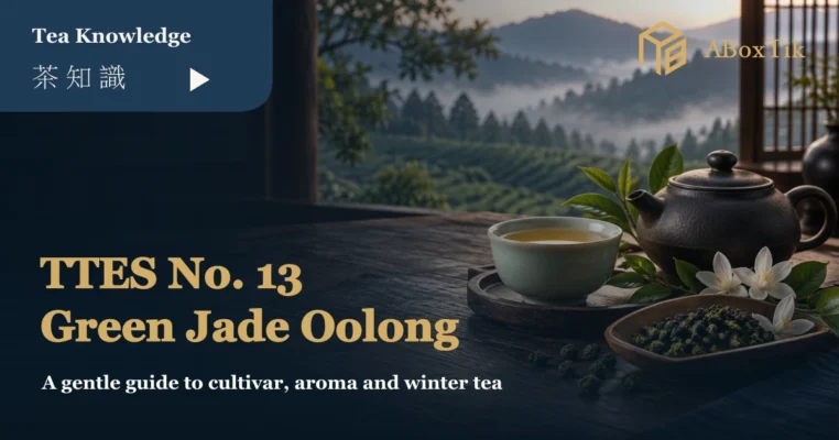 Green Jade oolong tea setting with the TTES No. 13 article title and misty tea fields