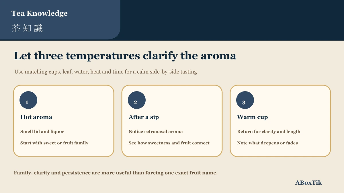 Three-stage tea aroma tasting guide for hot cup, retronasal aroma and cooling cup