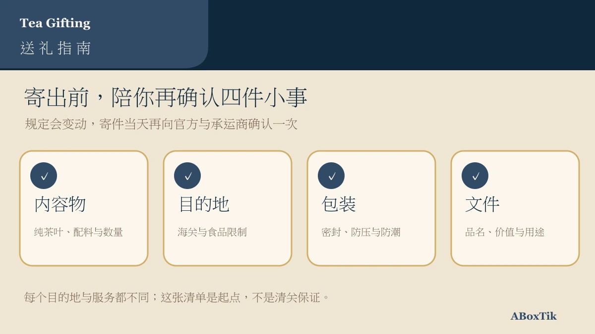 中秋茶礼寄出前的内容物、目的地、包装与文件确认图