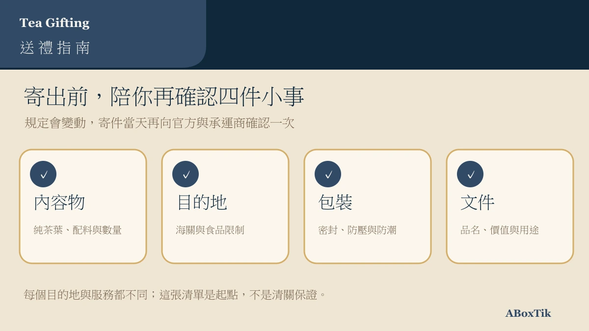 中秋茶禮寄出前的內容物、目的地、包裝與文件確認圖