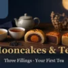An editorial Mid-Autumn setting with egg-yolk pastry, red bean and custard mooncakes beside three cups of tea
