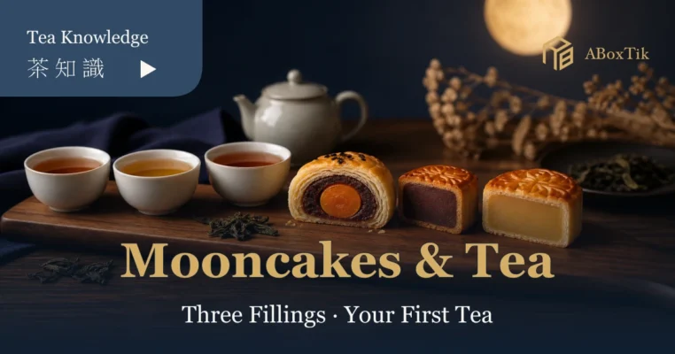 An editorial Mid-Autumn setting with egg-yolk pastry, red bean and custard mooncakes beside three cups of tea
