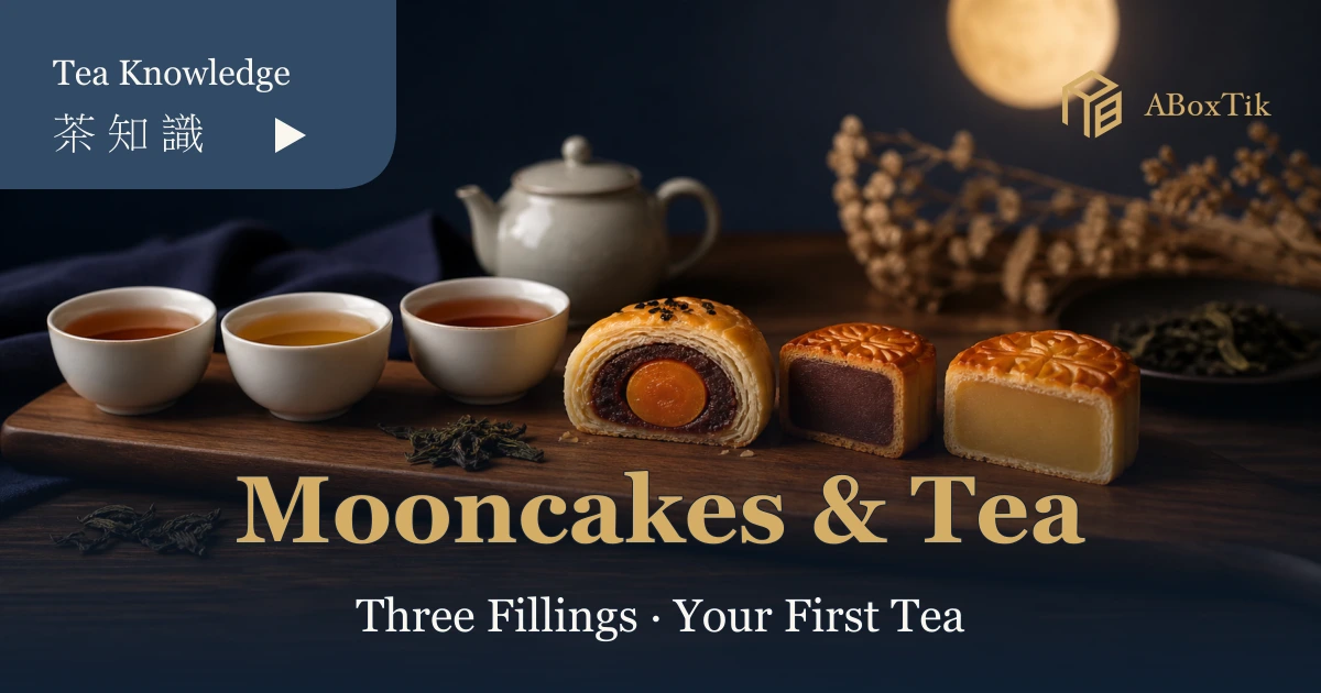 An editorial Mid-Autumn setting with egg-yolk pastry, red bean and custard mooncakes beside three cups of tea