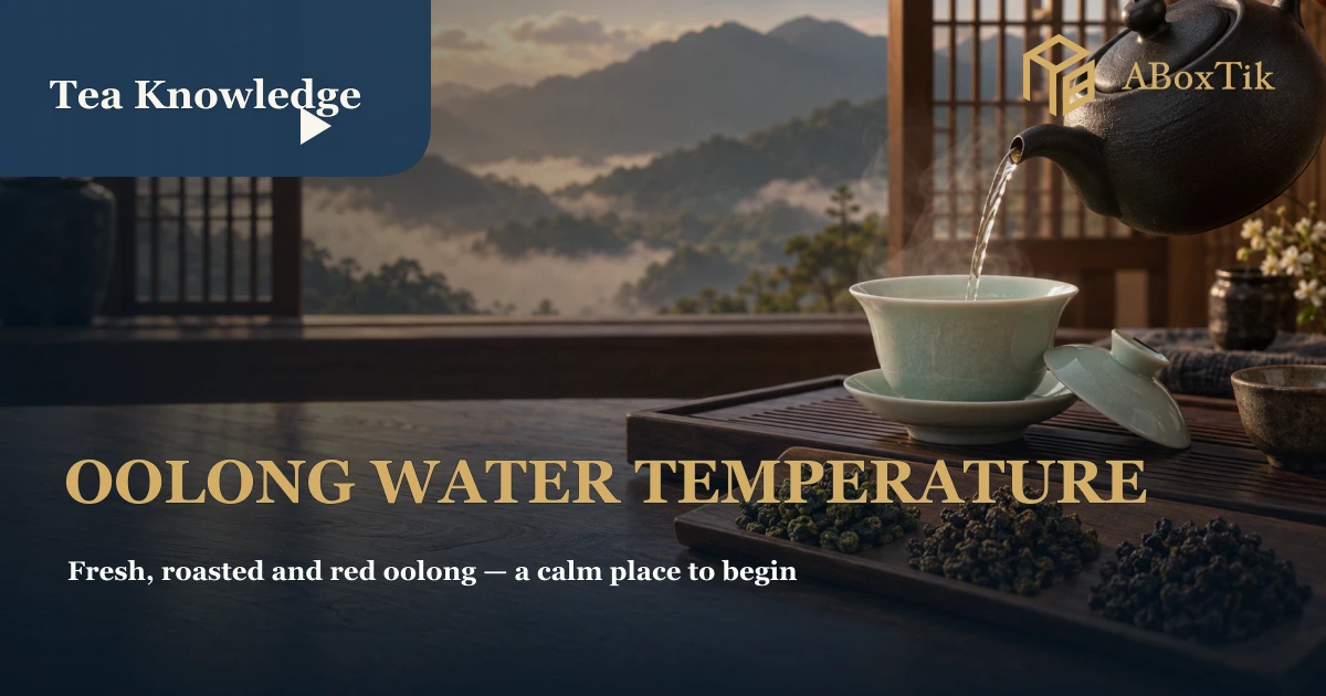 A ceramic teapot pouring into a gaiwan beside fresh, roasted and red oolong leaves