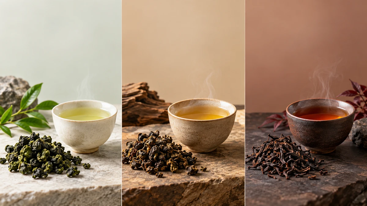 Three visual styles of fresh, roasted and red oolong