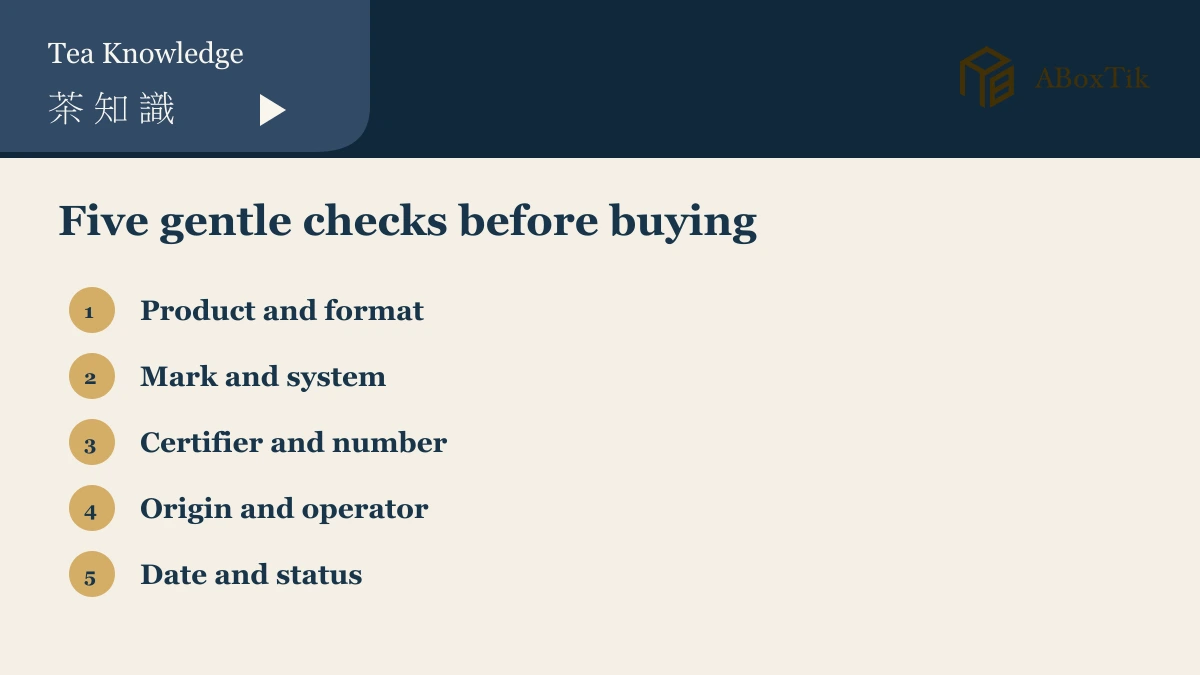 Five checks for buying organic or TAP-certified Taiwan tea: product, mark, number, origin and date