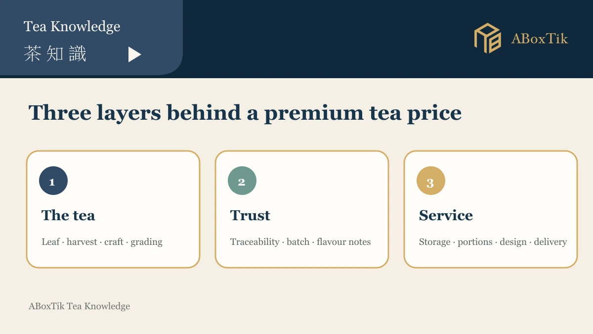 Three layers behind a premium tea price: the leaf, trustworthy information, and packaging or service