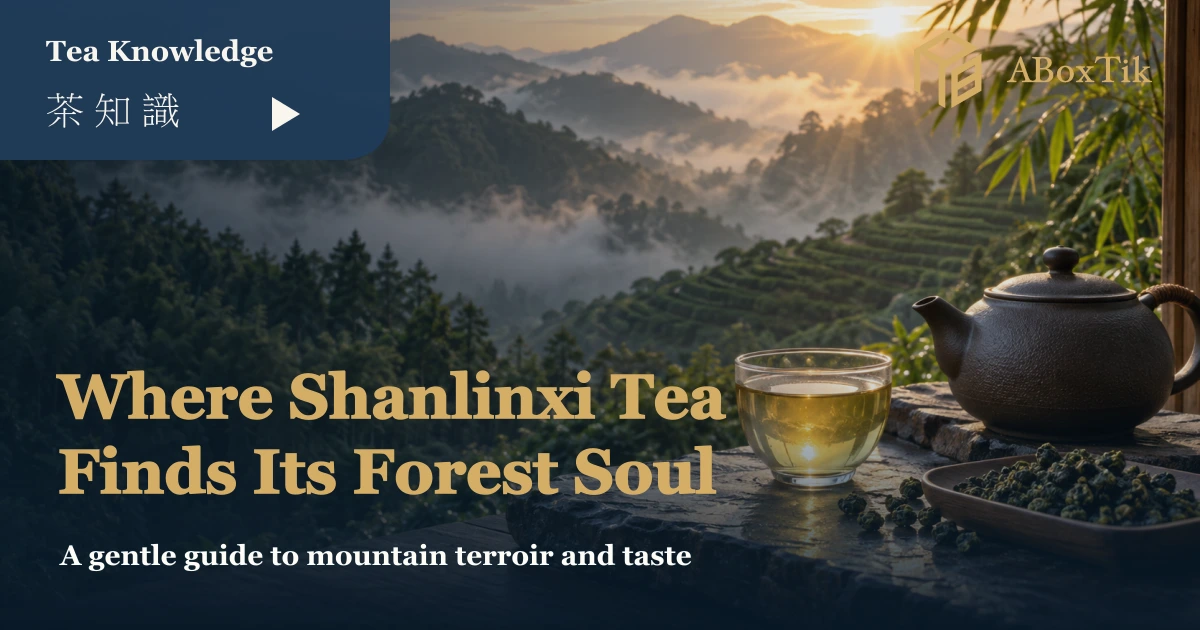 Misty Shanlinxi tea landscape and warm tea setting