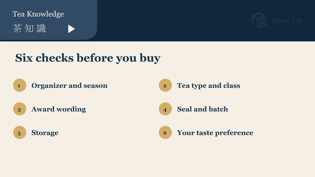 Checklist for reading a competition tea’s organizer, season, category, award and seal
