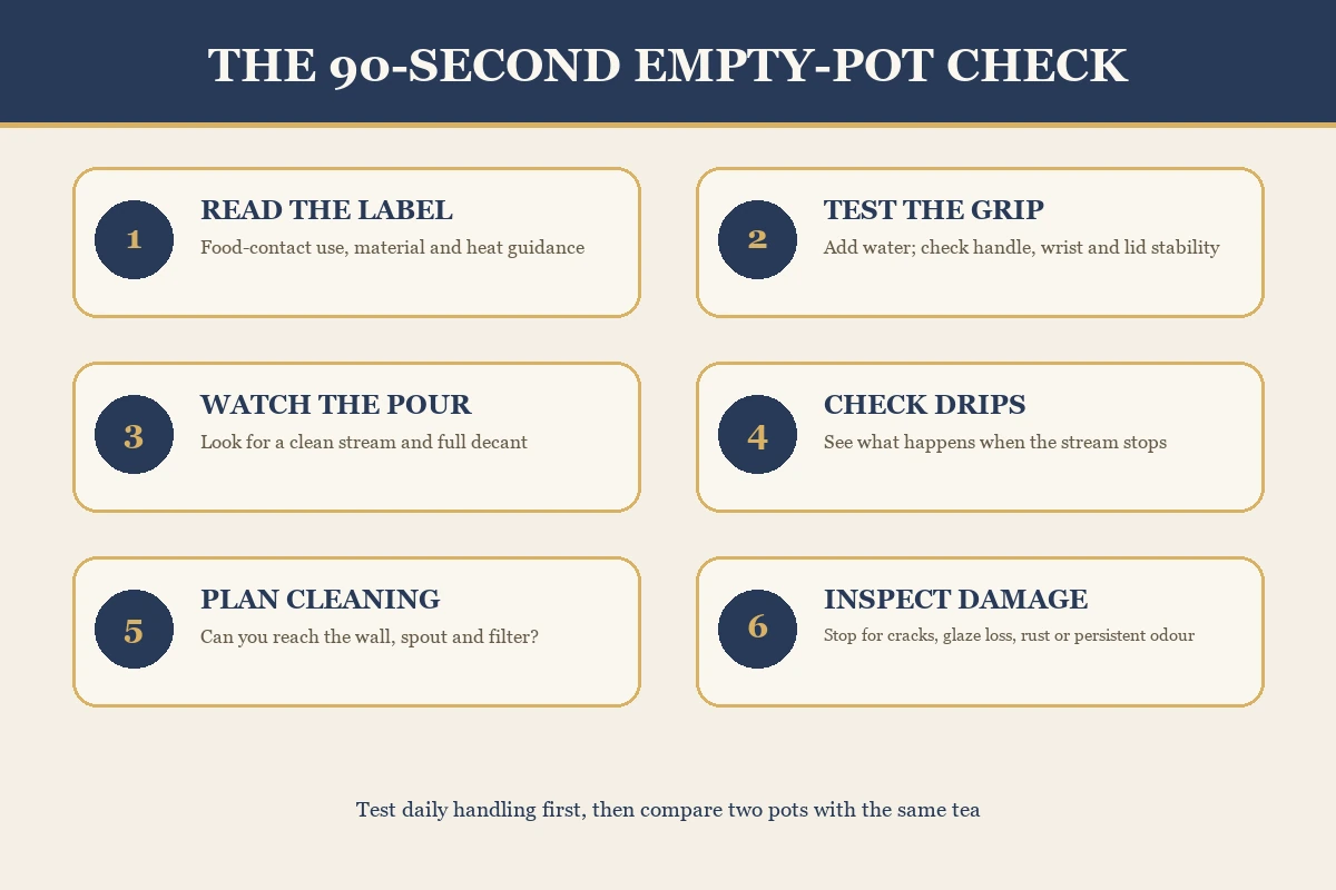 Six checks for grip, pour, drips, lid and cleaning before buying a teapot