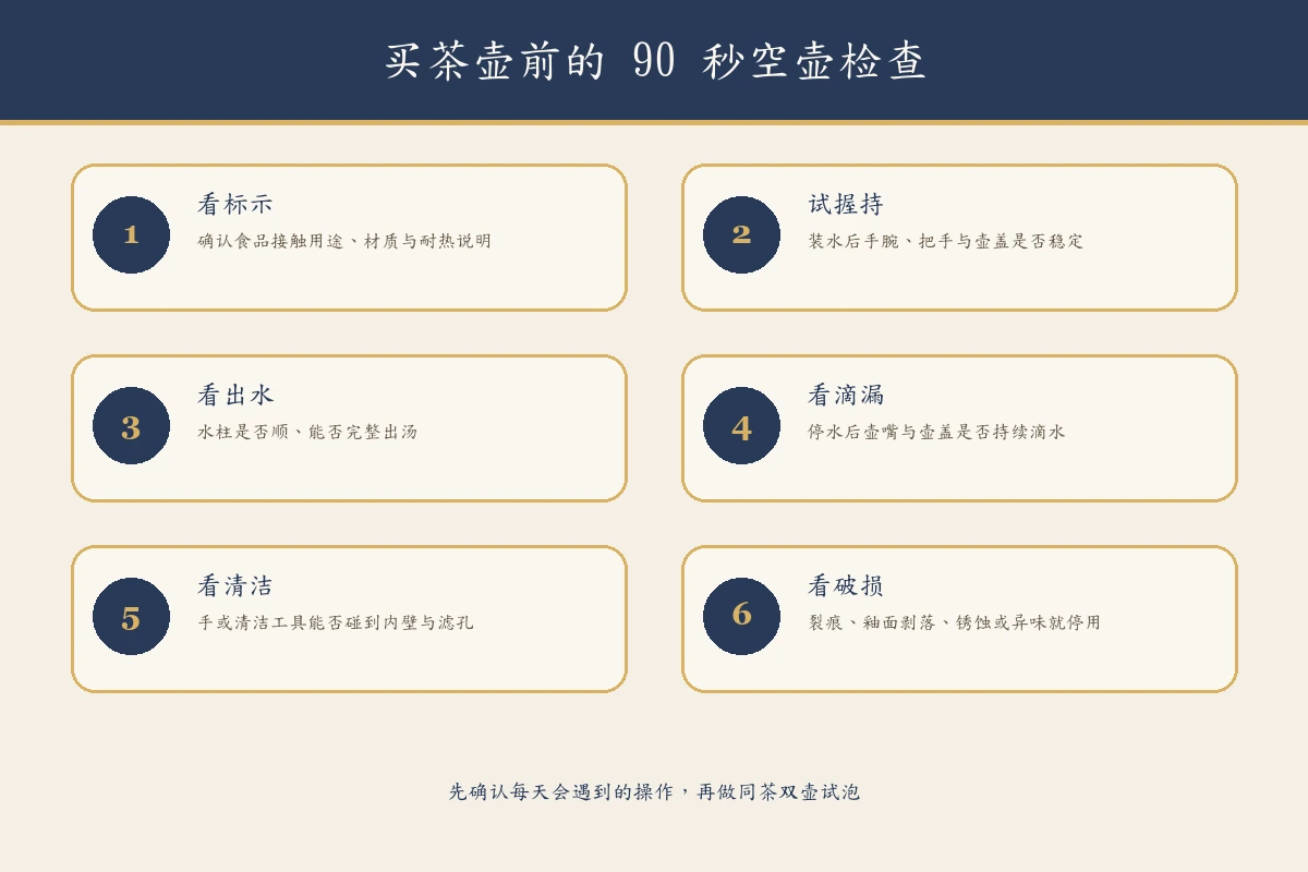 选茶壶前检查注水、握持、出汤、滴漏与清洁的流程图