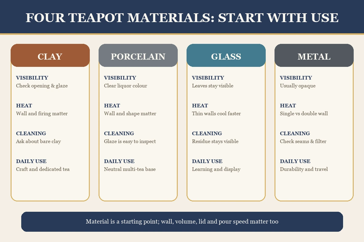 Clay, porcelain, glass and metal teapot comparison by practical factors
