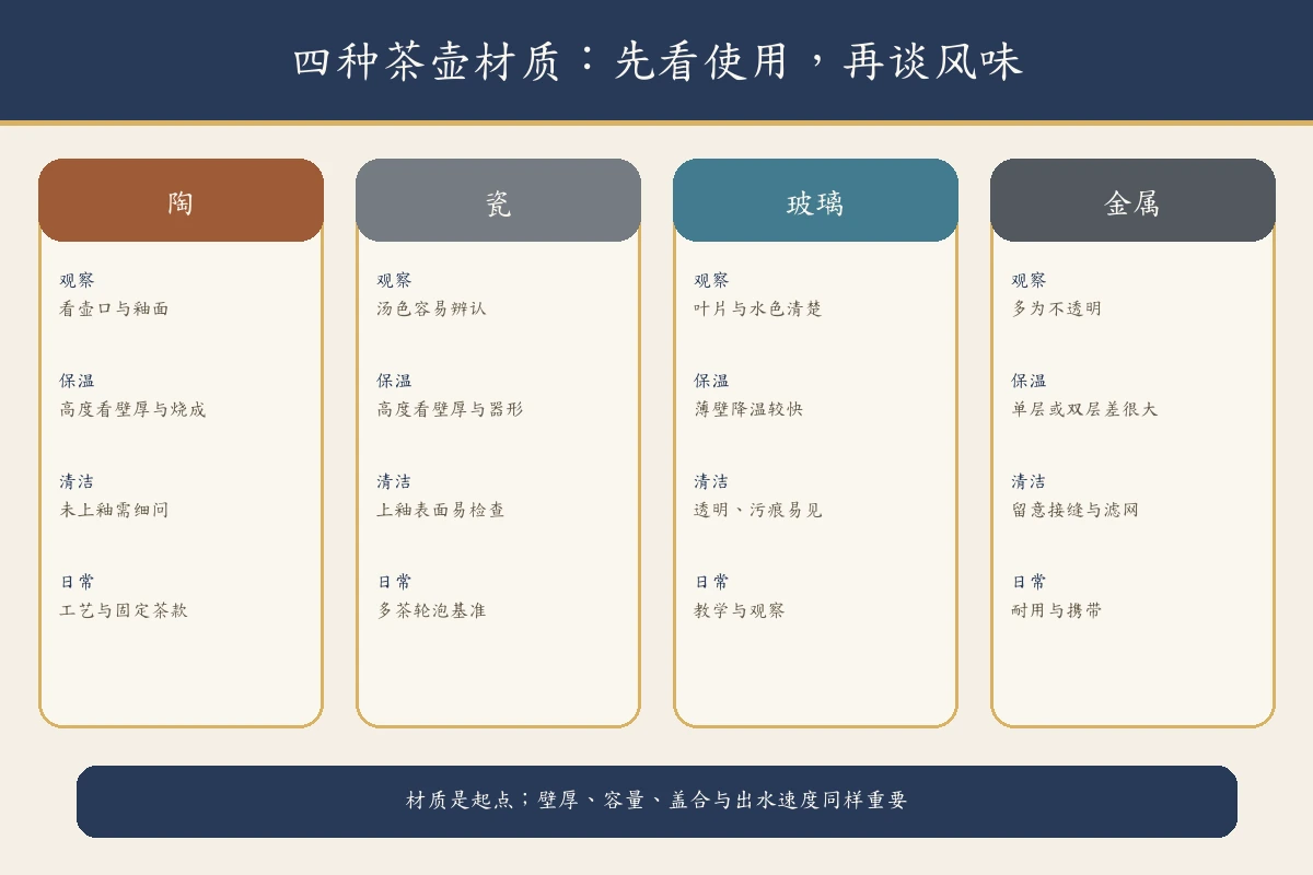 茶壶材质在观察、保温、清洁与耐用上的比较表