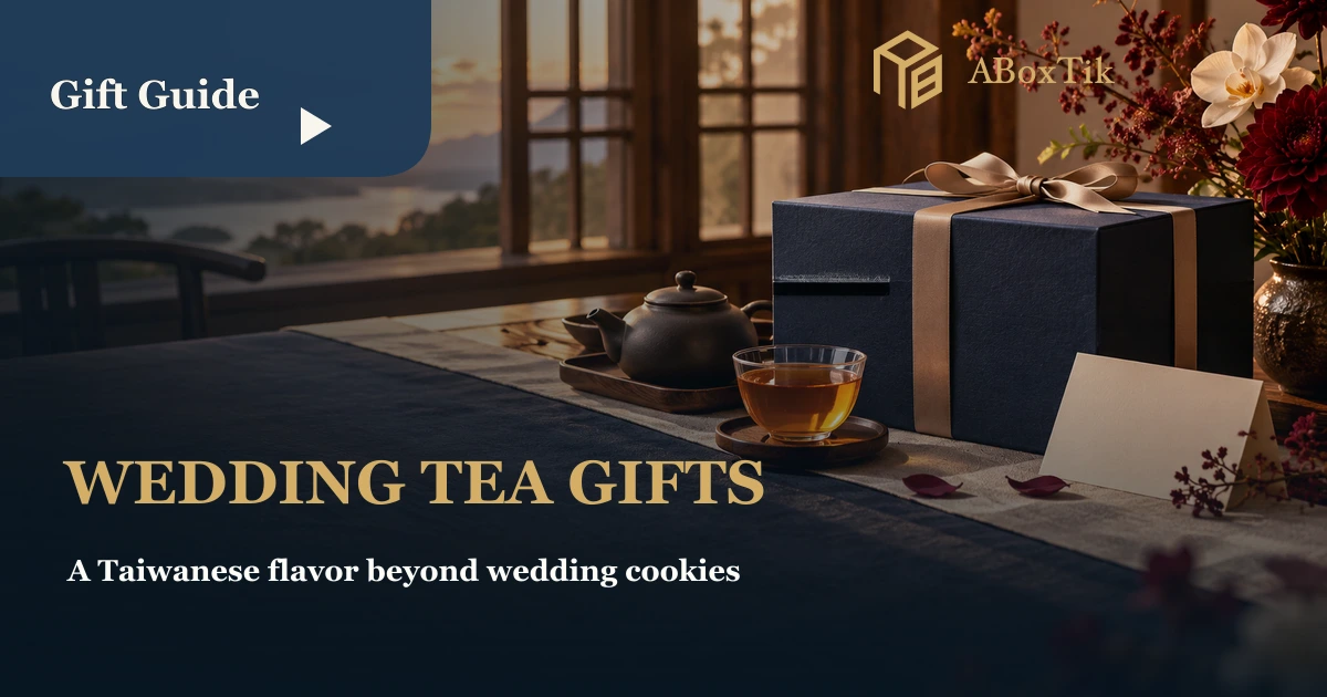 Taiwanese tea gifts and a blank note on a wedding table