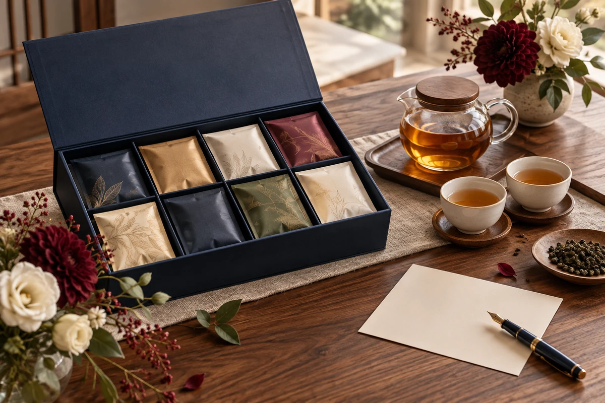 兩只茶杯、茶禮與柔和花材