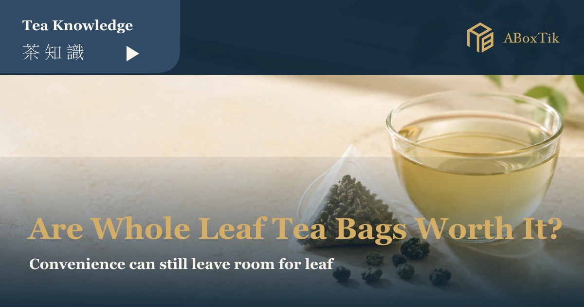 Glass cup and transparent whole leaf pyramid tea bag for a buying guide