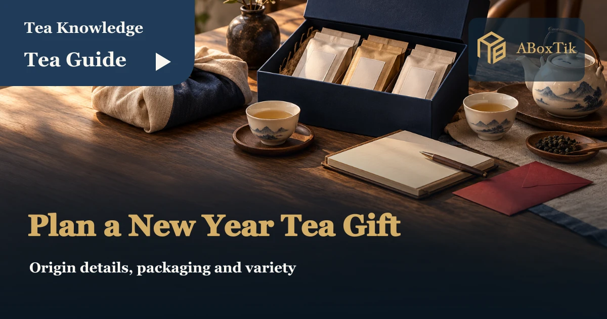 2027 Lunar New Year tea gifts with wrapped tea packets, cups and a blank planning notebook