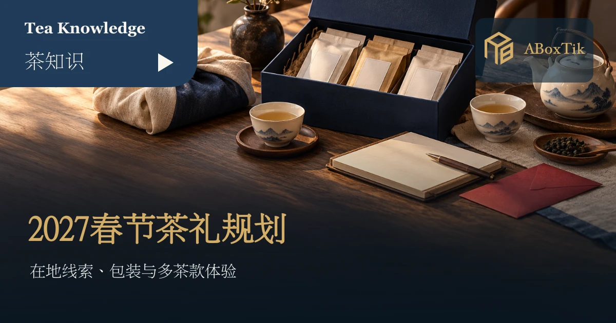 2027春节茶礼盒、独立茶包、茶杯与空白采购笔记
