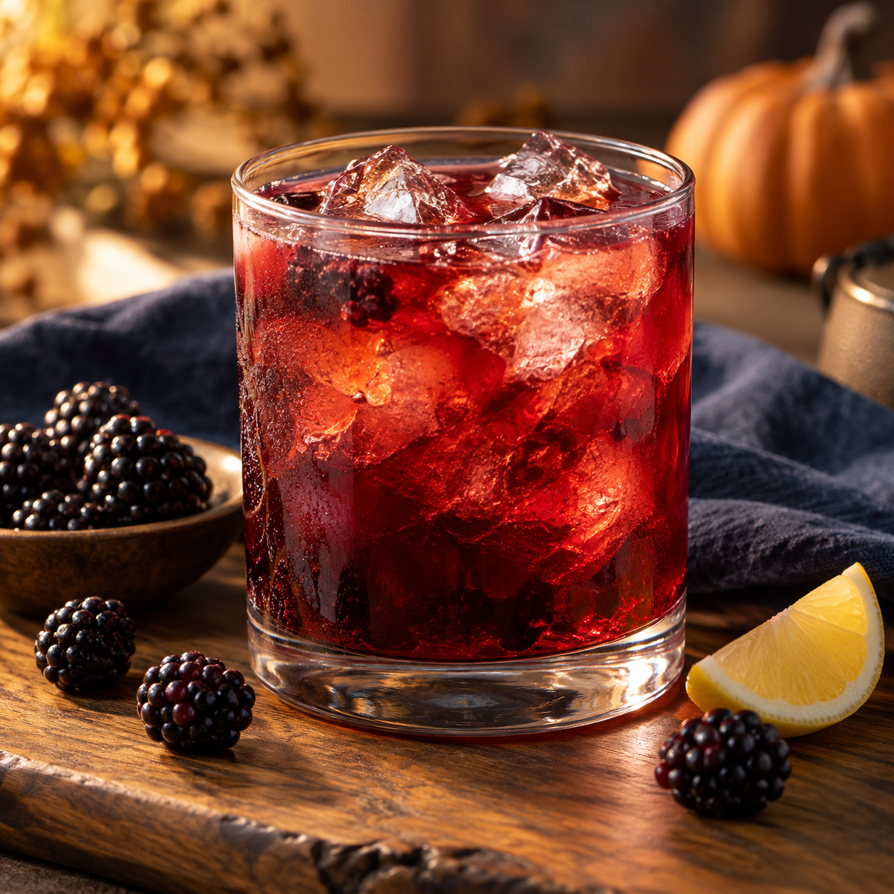 Berry red oolong illustration: a deep berry-red iced tea in a low glass, with blackberries and lemon beside it