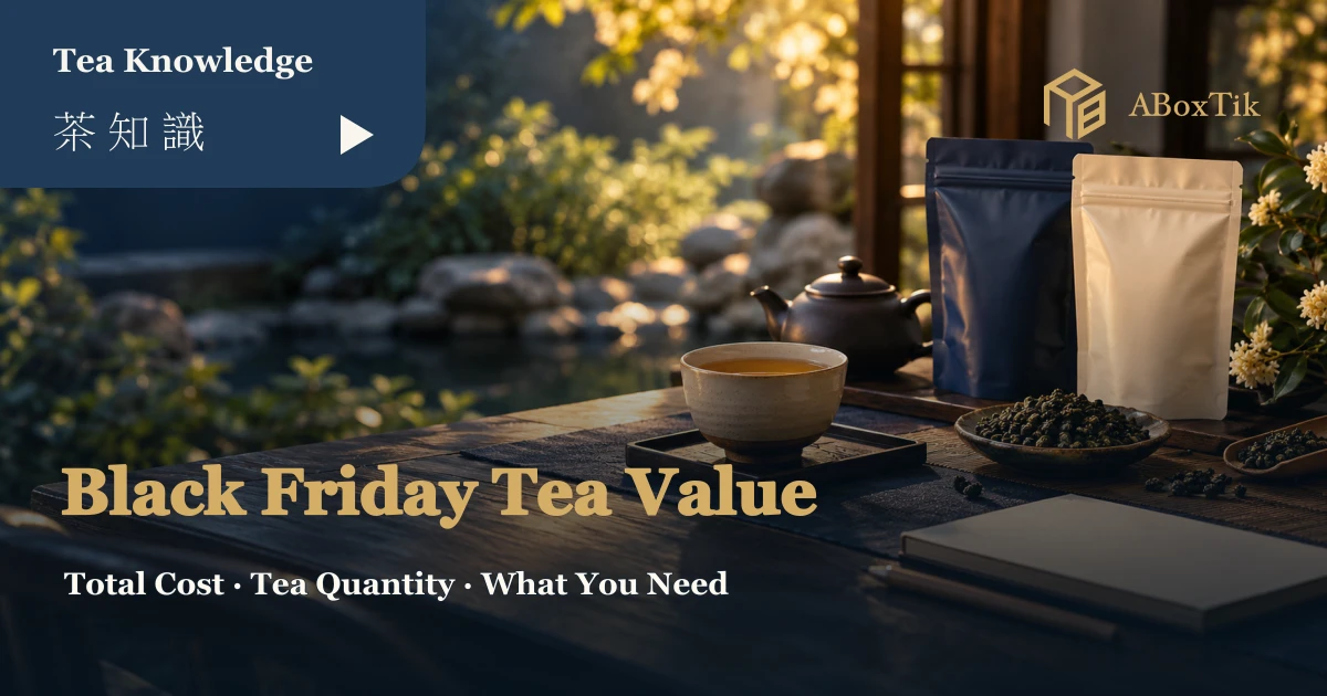 Black Friday tea deals comparison setting with a cup, teapot, two tea pouches and a blank notebook