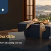 Navy gift box, blank card and tea cups on a meeting table