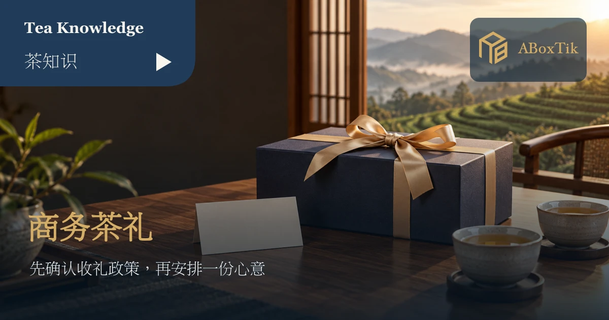 木质会议桌上的深蓝礼盒、空白卡片与茶杯