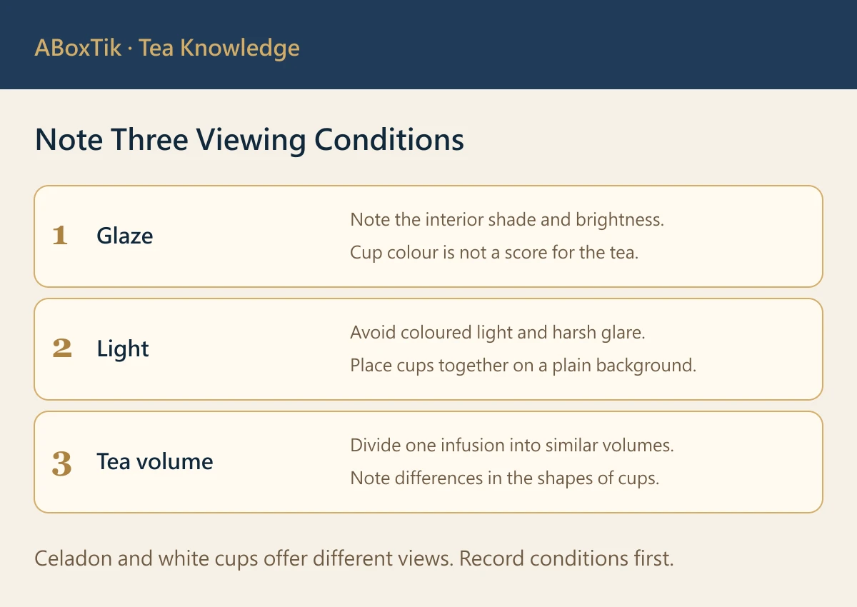 Celadon tea cup observation checklist showing glaze colour, lighting, cup shape and tea volume