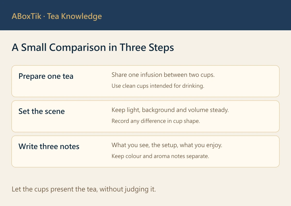 Three steps for comparing tea in a celadon cup: same batch and brewing, equal volume and background, then record observations