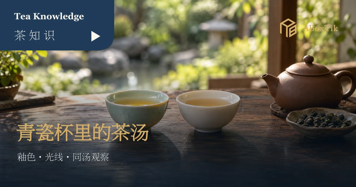 青瓷茶杯与白瓷杯并排盛茶，旁有陶壶与干茶
