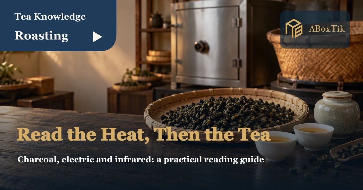 Tea roasting workbench with rolled leaves, white tasting cups and blurred roasting equipment